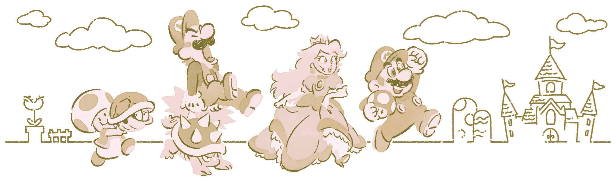 A sketch-style illustration of various Mario series characters.