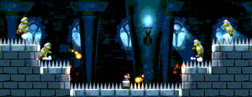 A gif of Small Mario dodging simultaneous attacks from four Fire Bros.