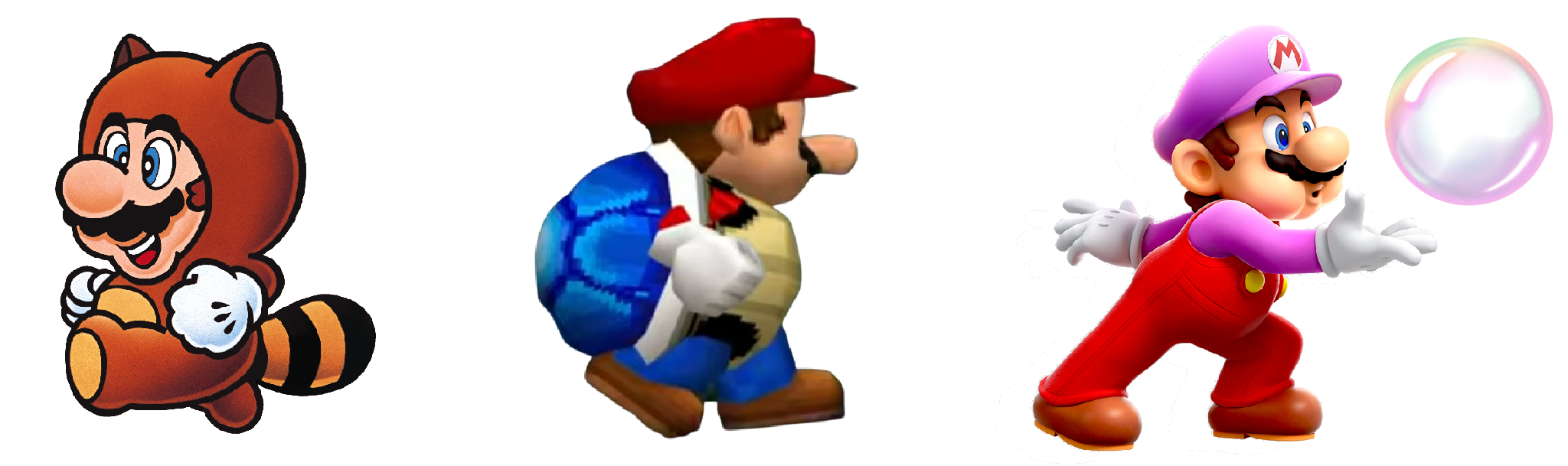 Renders of Tanooki, Cape, and Bubble Mario.