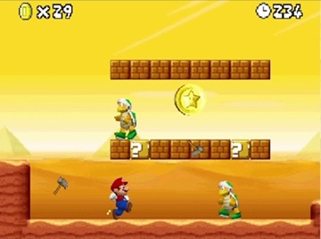 A picture of Mario dodging hammers thrown by the Hammer Bros.