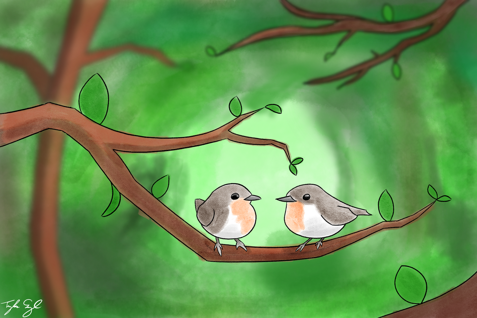 Two brown and white birds with orange round bellies sit on a spindly tree.