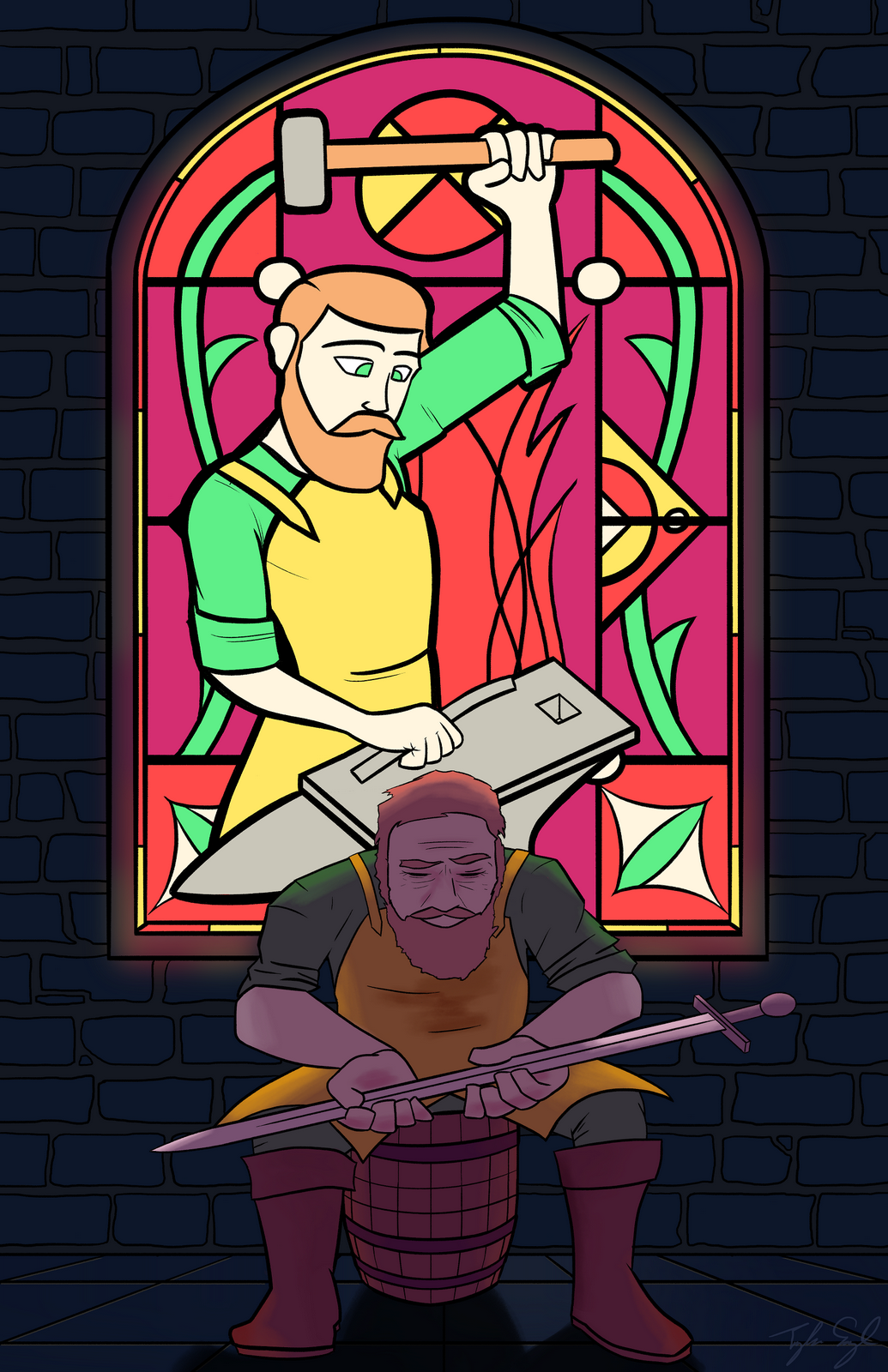A blacksmith sits sadly below a stained glass window of his glory days.