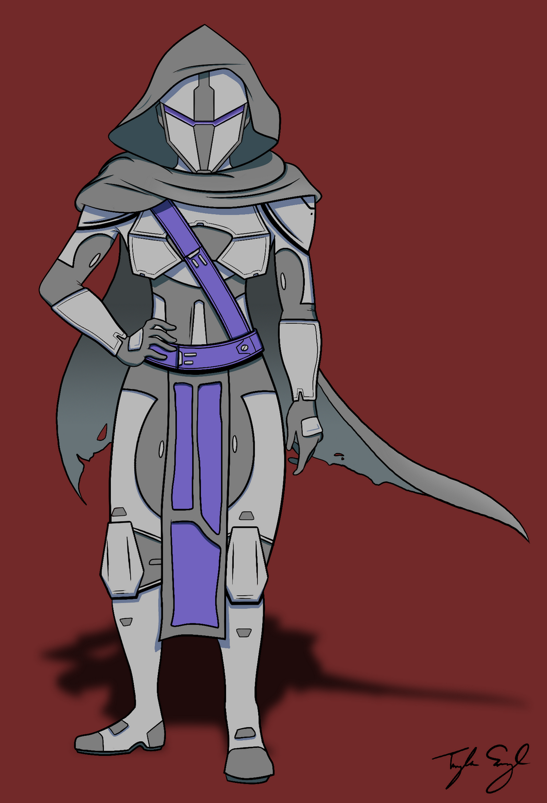 A fierce female warrior, clad in weathered, purple and gray futuristic armor. Her cloak flaps in the breeze.