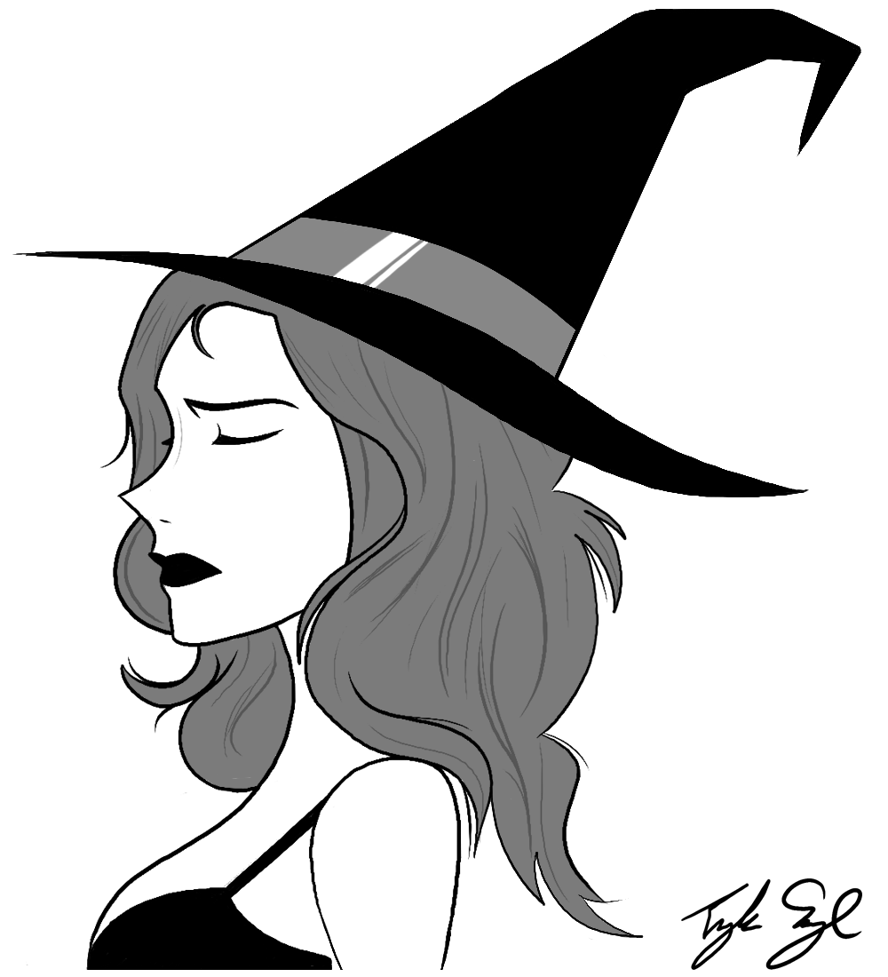 A woman with long hair and a glamorous dress wears a witch hat with pride.
